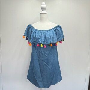 Blue Chambray Off Shoulder Ruffle Mini Dress Multicolored Tassels Forever 21